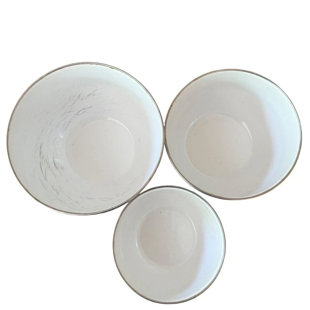 Vintage Enamel Nesting Bowls Set of 3 | Blue Floral Swag | Farmhouse Cottagecore